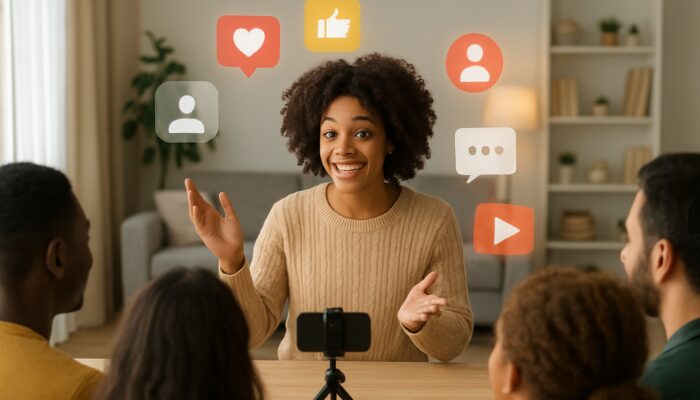 Micro-influencer engaging diverse audience in a cosy home with glowing social notifications and hosting content