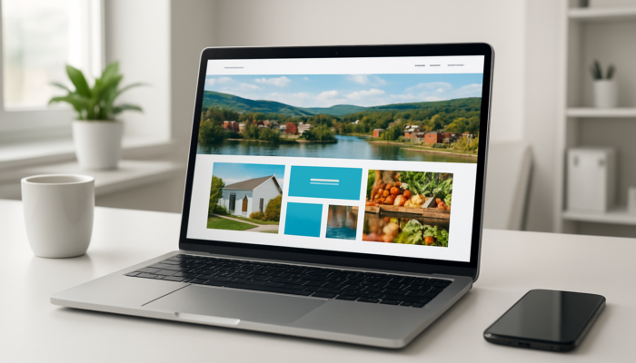 Laptop displaying sleek Kingswood website redesign for small businesses with clean layouts and mobile previews.