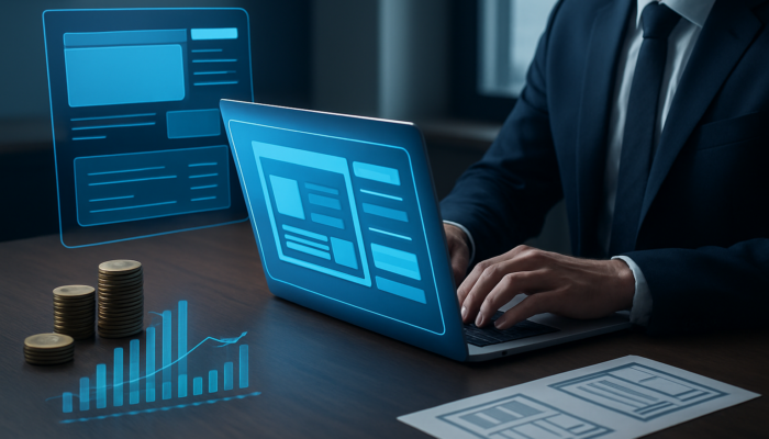 Businessman budgeting Kingswood website redesign on laptop with financial charts, coins and mockups