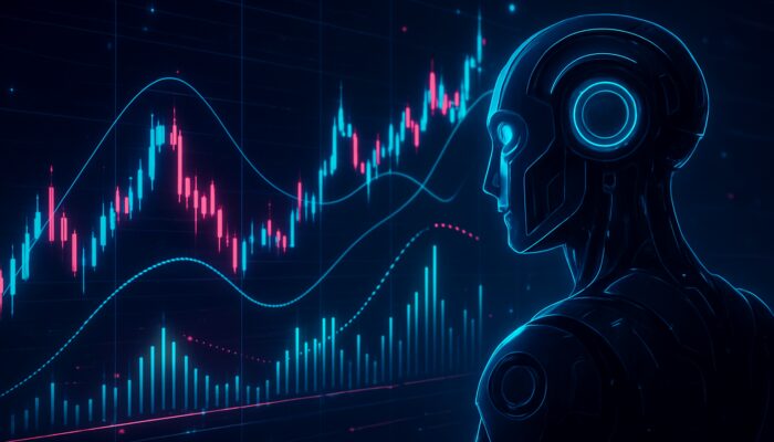 Futuristic cyberpunk AI trading bot analyzing neon mean reversion stock charts