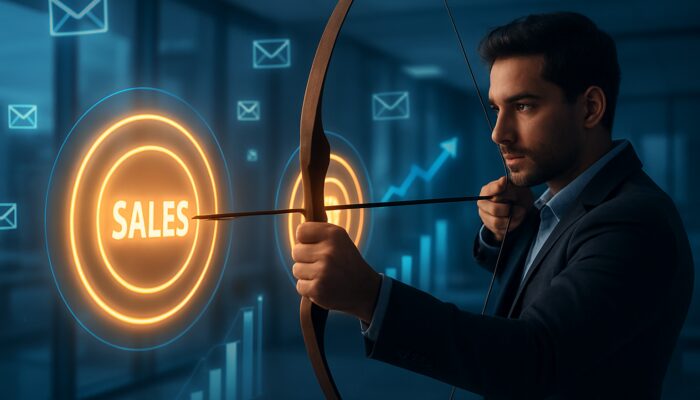 Marketer aiming arrows at glowing sales and engagement targets amid email icons and graphs