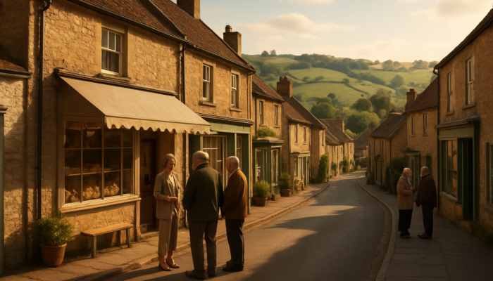 Charming Somerset village high street with locals chatting outside independent shops and bakery amid green hills