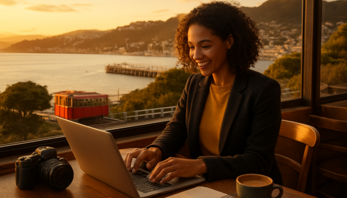 Entrepreneur creating social media content on a laptop in a cozy Wellington waterfront cafe at sunset