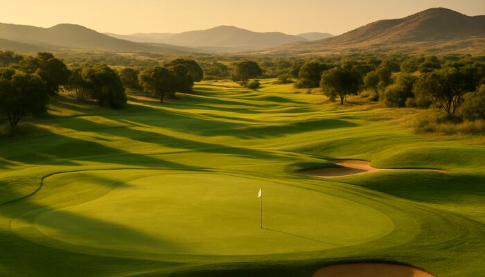 Serene Mpumalanga golf course with lush manicured fairways under golden highveld sunlight