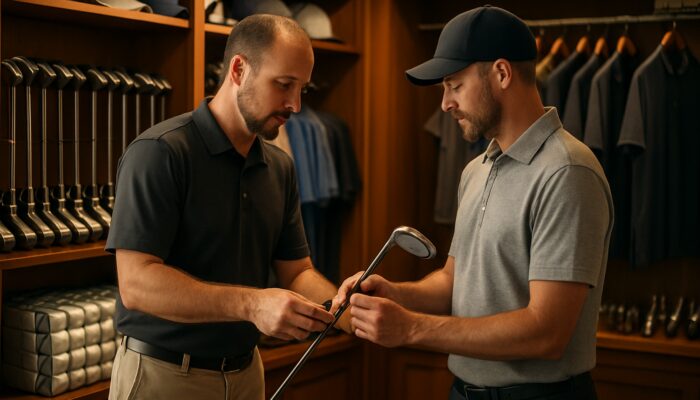 Attendant fitting golfer with custom clubs amid premium gear in Witbank Golf Club pro shop.