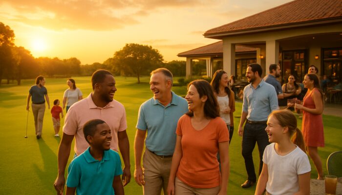 Diverse families and juniors laughing on lush Witbank Golf Club fairways at golden sunset.