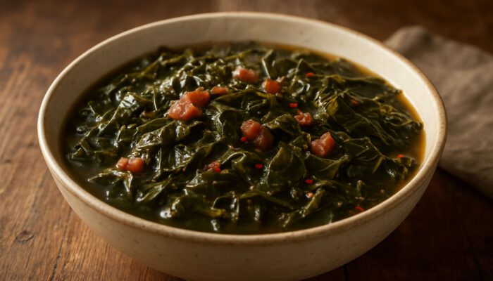 Steaming bowl of slow-cooked collard greens with bacon on rustic wooden table