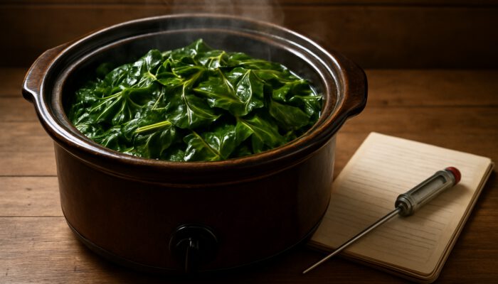 Rustic slow cooker of steaming collard greens beside notes and thermometer on wooden counter