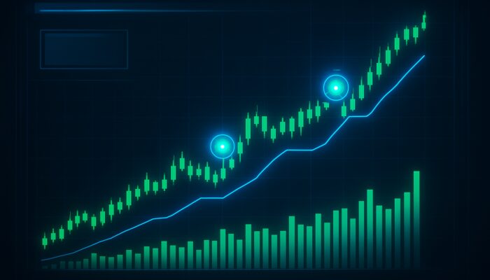Futuristic trading dashboard with candlestick chart, green volume bars, and blue confirmation signals.