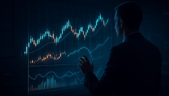 Trader examining holographic volume-price charts with trend lines in a sleek control room