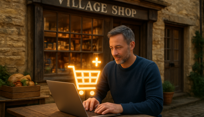 Newent village shop owner using Shopify laptop amid rustic storefront and glowing cart icons