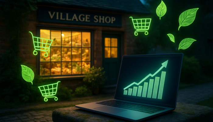 Newent village shop with laptop e-commerce charts, floating carts and growth symbols for small business success