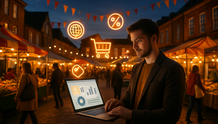 Entrepreneur with e-commerce laptop in vibrant Newent market square at dusk amid local shoppers and event icons.