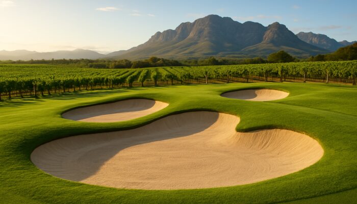Lush Cape Winelands golf bunkers with fine sand, edged by vineyards and rolling mountains.