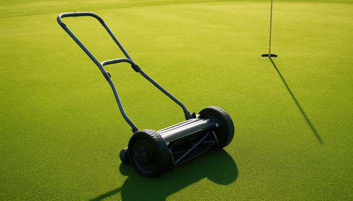 Lightweight mower gliding across sun-drenched golf putting green in bright sunlight