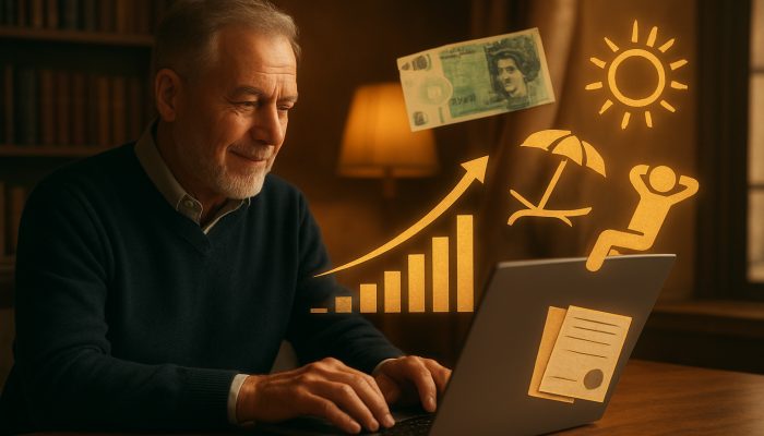 UK investor analyses positive dividend charts on laptop, surrounded by floating pounds and cleared debt receipts
