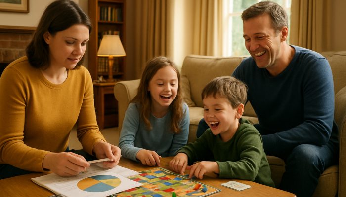 UK family enjoying board games while reviewing credit card statements and budget pie chart