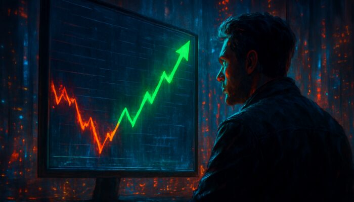 Trader observes a plunging stock chart that rebounds sharply with green arrows in a cyberpunk city