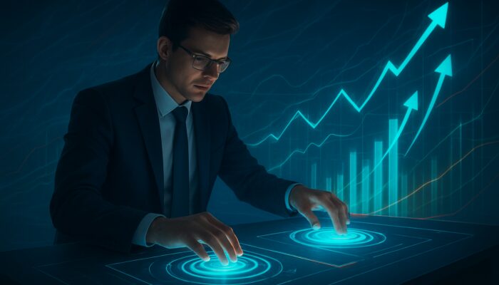 Trader adjusting holographic charts with upward arrows for iterative market optimisation strategy
