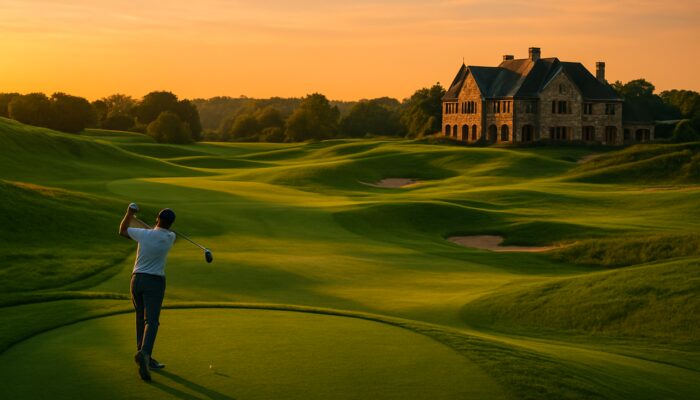 Lone golfer teeing off at sunset on lush fairways of King David Mowbray Golf Club