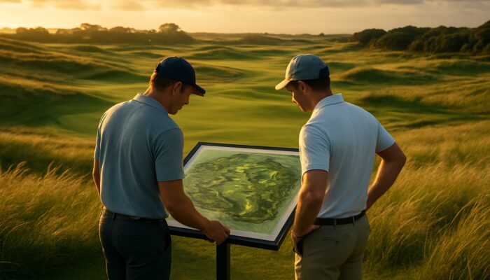 Golfers studying windswept course map at King David Mowbray Golf Club in golden light
