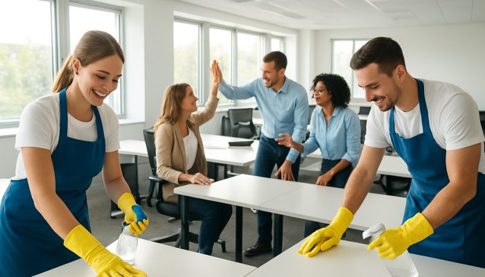Professional cleaners sanitising a bright modern office while joyful employees collaborate energetically