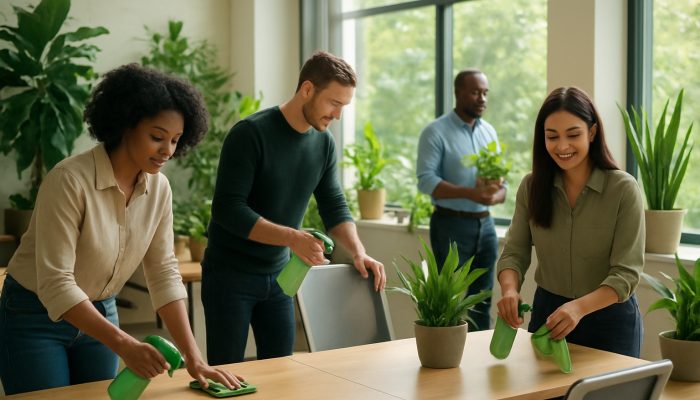 Diverse employees using eco-cleaners in a sunlit Crewkerne office with plants for sustainability.