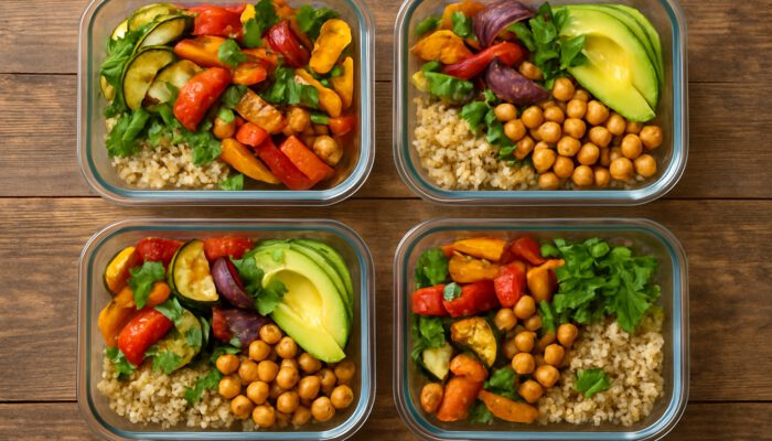 Vibrant quinoa salad bowls with roasted veggies, avocado, and chickpeas in glass meal prep containers.