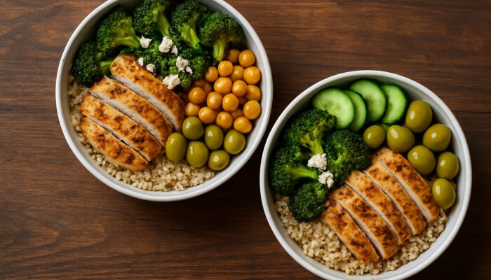 Overhead view of quinoa chicken broccoli feta and chickpea cucumber olive meal prep bowls on wooden table