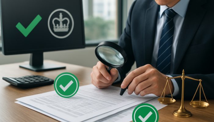 Adjusting Payments While On Statutory Pay: Expert Tips | DCL Payroll expert reviewing tax documents with magnifying glass, HMRC seals, and compliance checkmarks in office