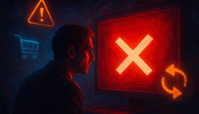 Tense trader faces glowing red "order not filled" screen with empty shelves and fix icons