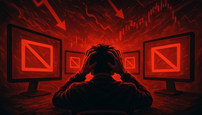 Frantic trader watches multiple screens flash "order rejected" amid crashing markets and red alerts.