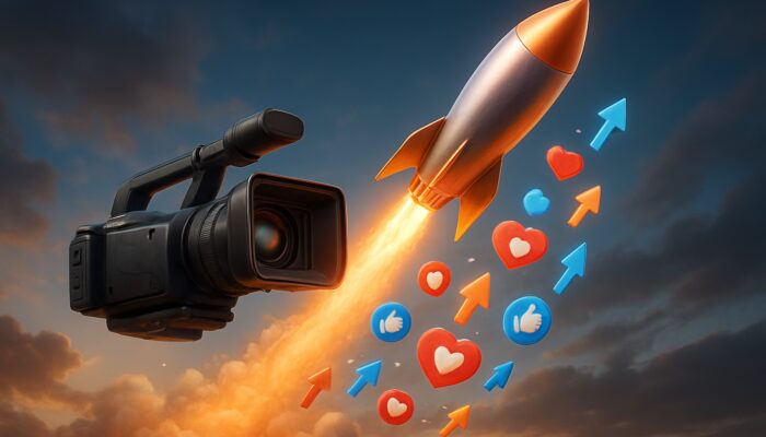 Video camera morphing into glowing rocket launching with social media icons and likes
