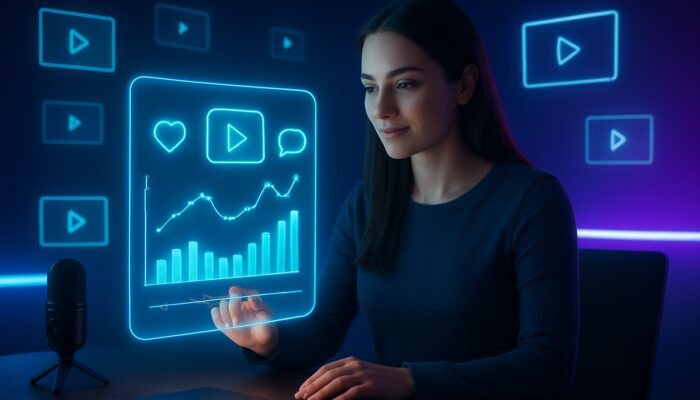 Content creator analyzing holographic analytics dashboard with watch-time graphs and floating video thumbnails in neon studio