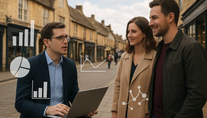 Business analyst interviewing shoppers on Chipping Sodbury high street amid floating data charts