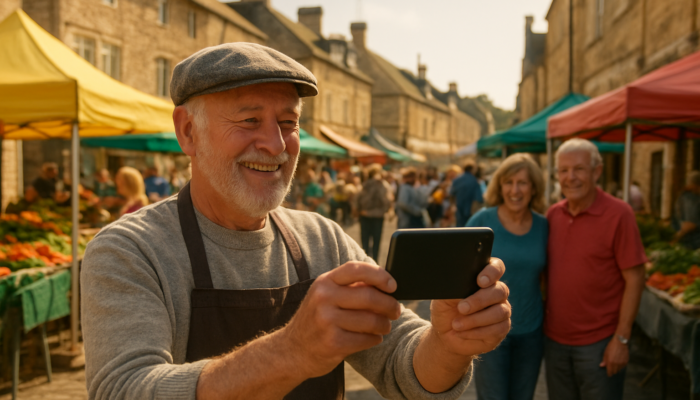 Chipping Sodbury shopkeeper filming vibrant local market on smartphone amid historic buildings and stalls