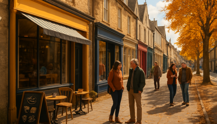 Chipping Sodbury high street with cozy café and boutique amid autumn sunlight and chatting locals.