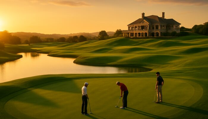 Lush emerald fairways and elegant clubhouse at West Bank Golf Club during golden sunset.