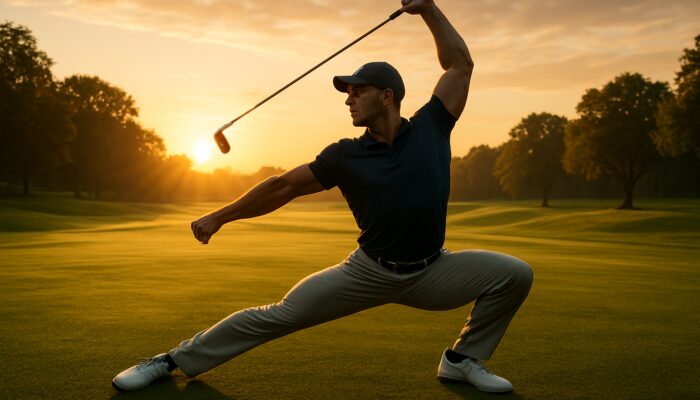 Fit golfer stretching powerfully on West Bank Golf Club fairway at sunrise for strength and flexibility