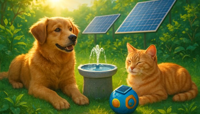Dog and cat relaxing with solar-powered pet gadgets in a sunny eco-friendly garden featuring solar panels.