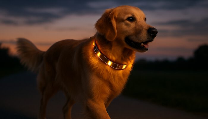 Golden retriever at dusk wearing a luminous solar-powered LED collar with solar panels for visibility.