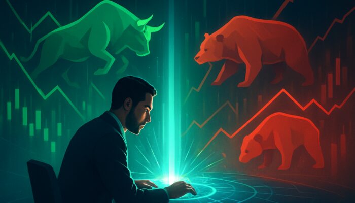 Trader analysing glowing indicators converging into signal beam amid green bulls and red bears