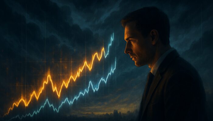 Trader scanning glowing confluence charts amid stormy volatility clouds in economic landscape.