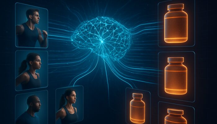 Futuristic AI neural network targeting supplement ads to diverse athletes in digital marketplace