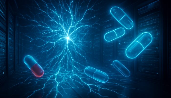 Glowing cyberpunk neural network expanding across servers with floating supplement capsules and data streams.