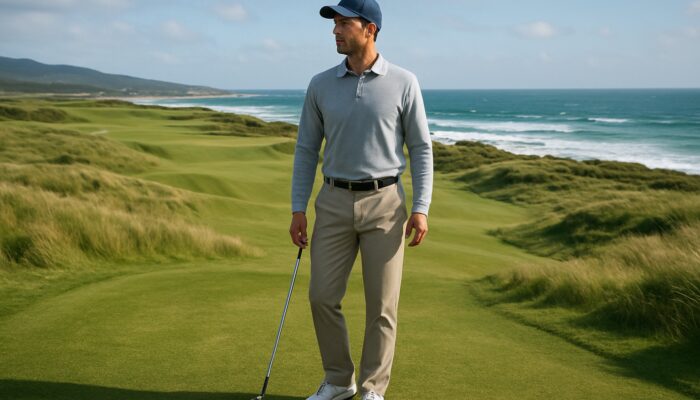 Golfer with relaxed arms on windy Western Cape fairway poised for fluid swing