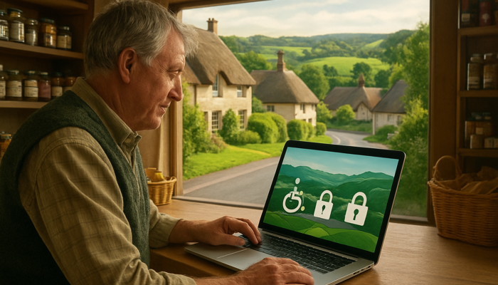 Somerset village shop owner views bespoke accessible website on laptop with UK compliance icons