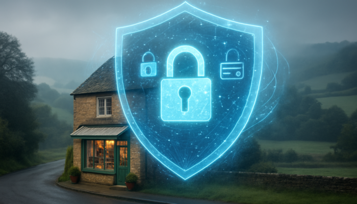 Digital shield protecting Somerset shop with GDPR locks and payment icons in misty hills