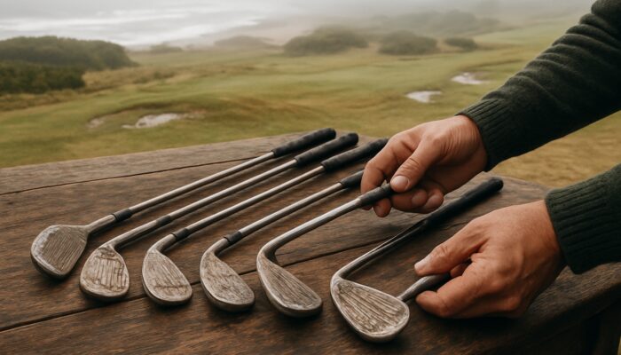 Golfer's hands inspecting worn clubs on rustic table overlooking misty South African coastal course