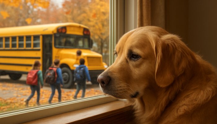 Sad golden retriever watches kids board school bus from window, showing pet back-to-school adjustment.